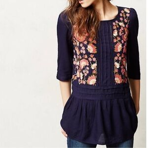 Anthropologie Floreat Luana Embroidered Tunic Top 3/4-length sleeves Size 12